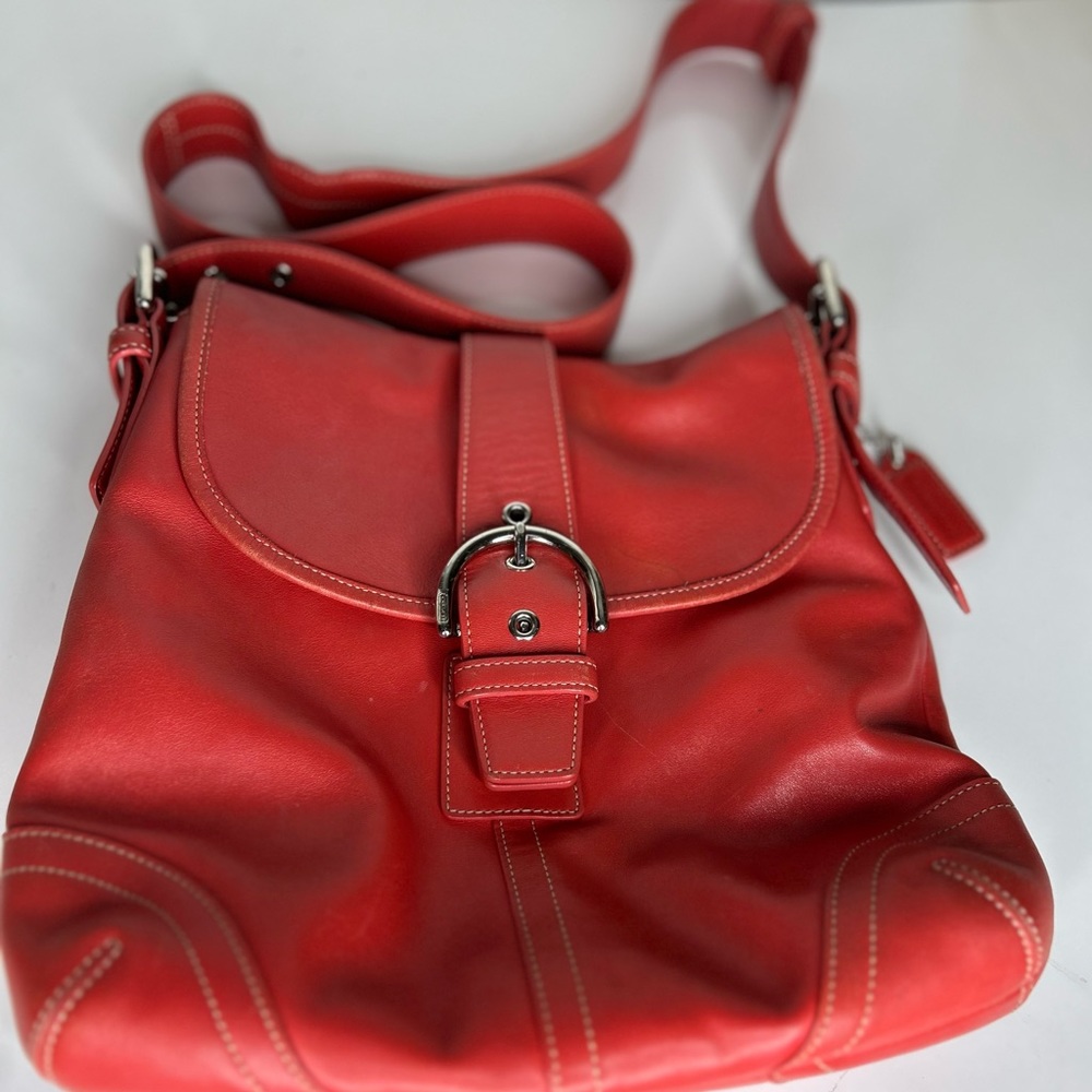 COACH-VINTAGE CLASSIC BRIGHT CHERRY RED  GENUINE LEATHER CROSSBODY BAG .
